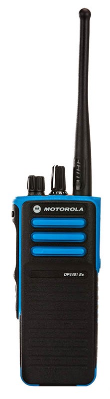 Blau-schwarzes Handfunkgerät mit Antenne und Bedienknöpfen, Modell DP4401 Ex.