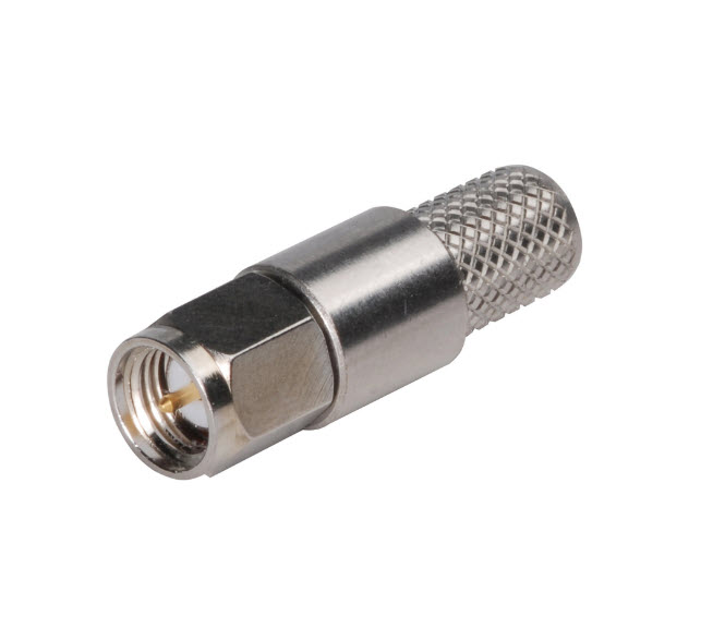 Metallkoaxialstecker mit gerändeltem Griffende.