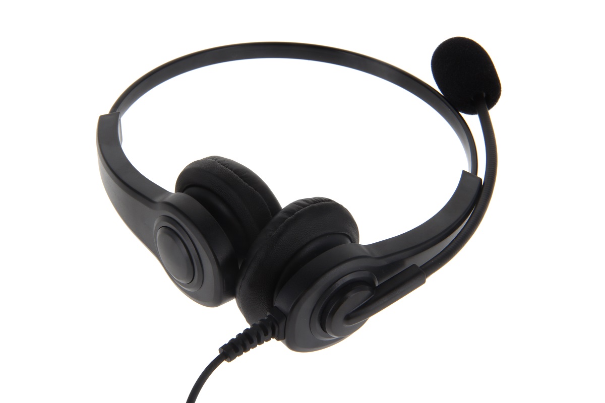 Schwarzes Headset mit Mikrofon an flexiblem Bügel.