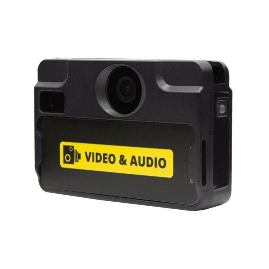 Schwarze Kamera mit gelbem Etikett 'Video & Audio'.