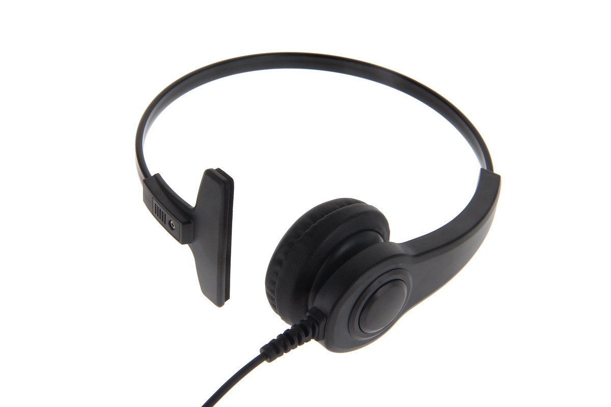 Black on-ear headphones with a microphone on a white background