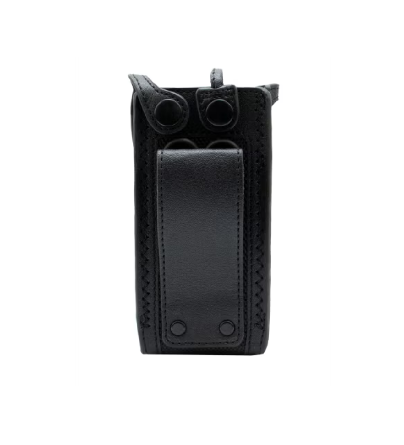 Black leather case with belt loop and snap button closure.