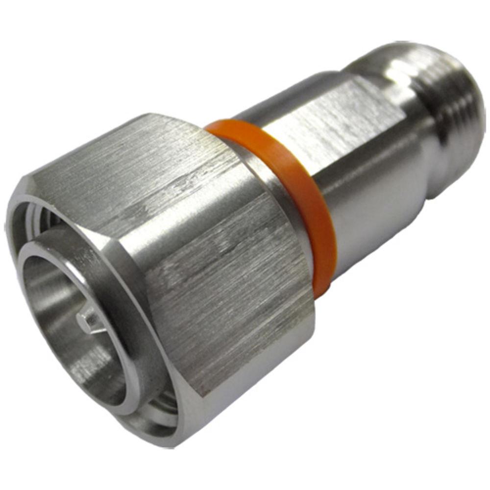 Metal connector with orange sealing ring.