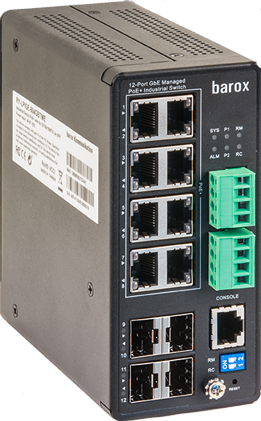 Industrial network switch with 12 ports and PoE capability