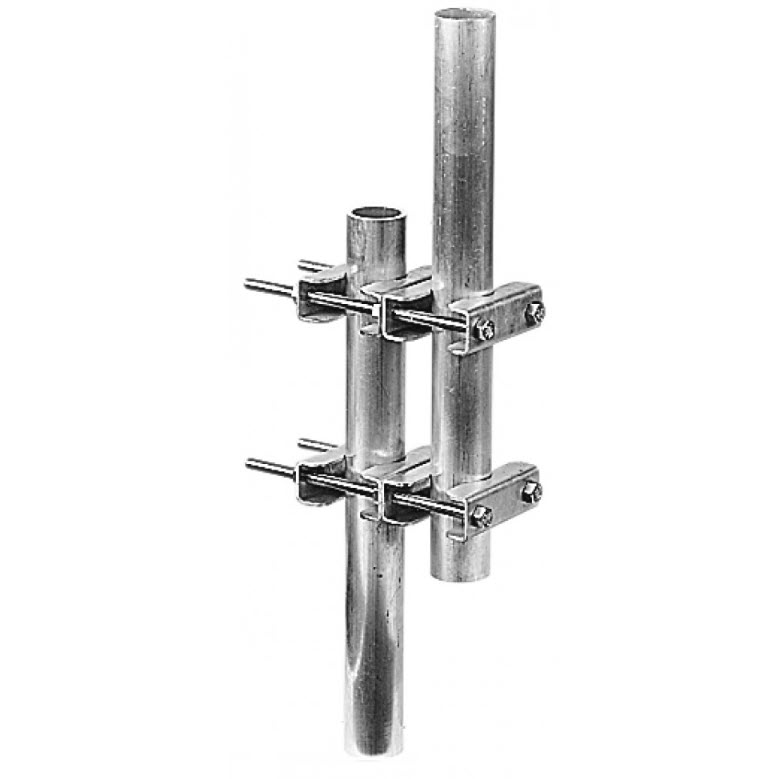 7000-00491900_pro_01.jpg Three metal pipes, two vertical, one horizontal, connected by clamps.