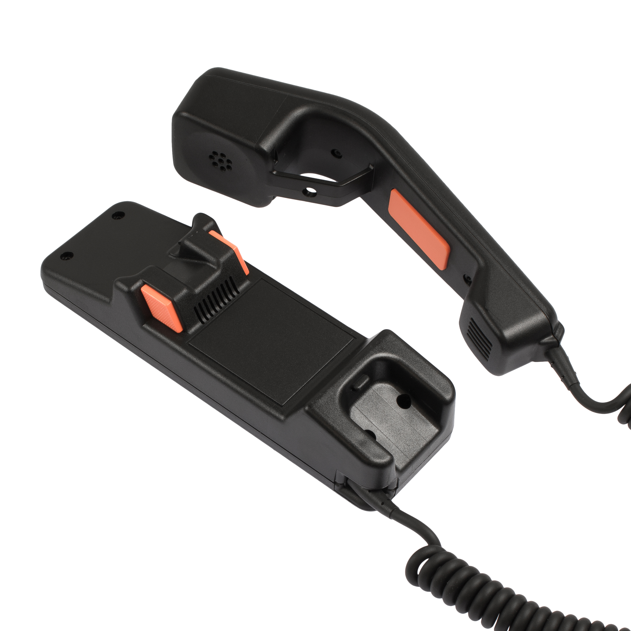 Schwarzer Telefonhörer mit orangenen Tasten, aufgelegt.