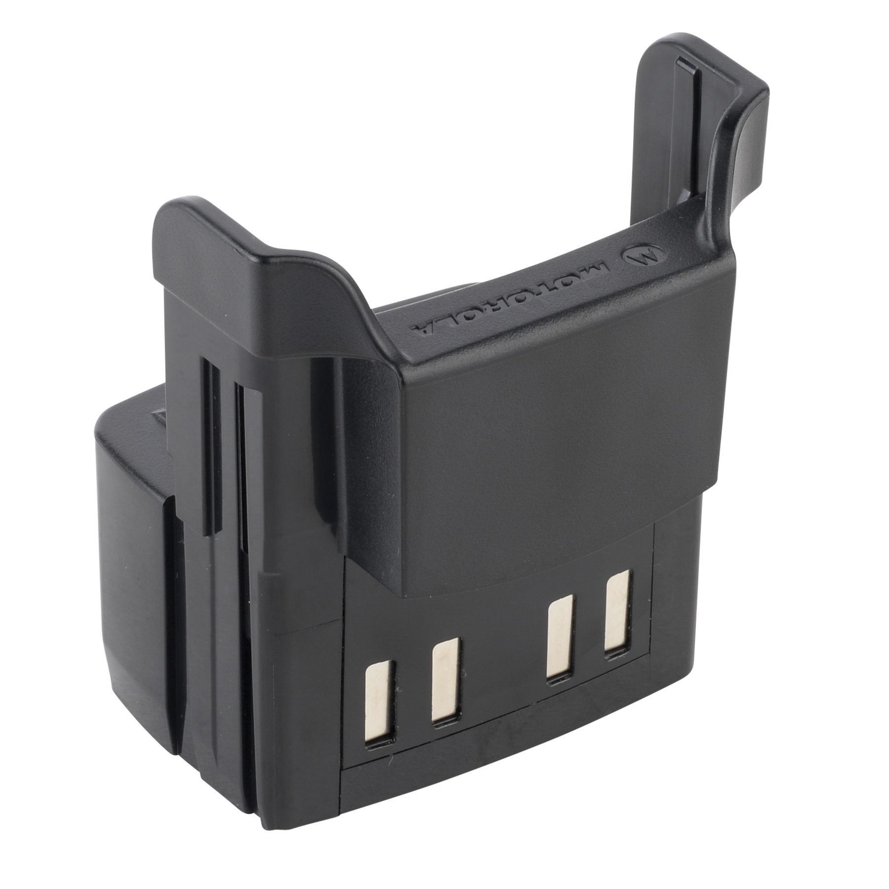 Black charger with four metallic contacts at the top.