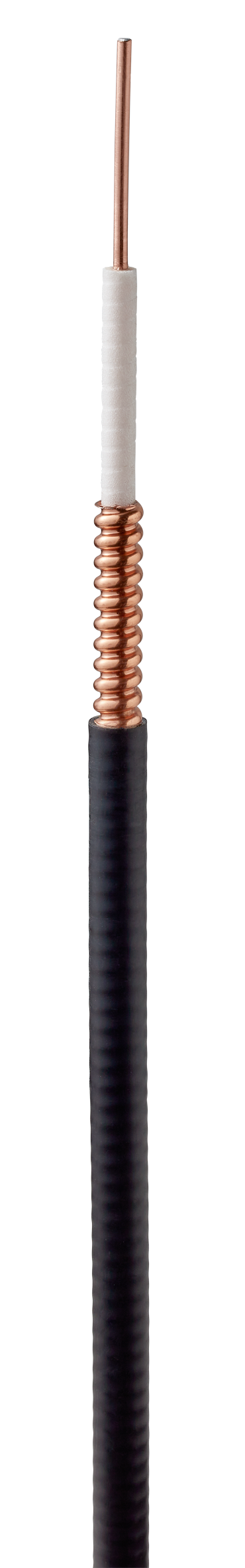 Koaxialkabel mit kupfernem Leiter, weißer Isolierung und schwarzer Ummantelung.