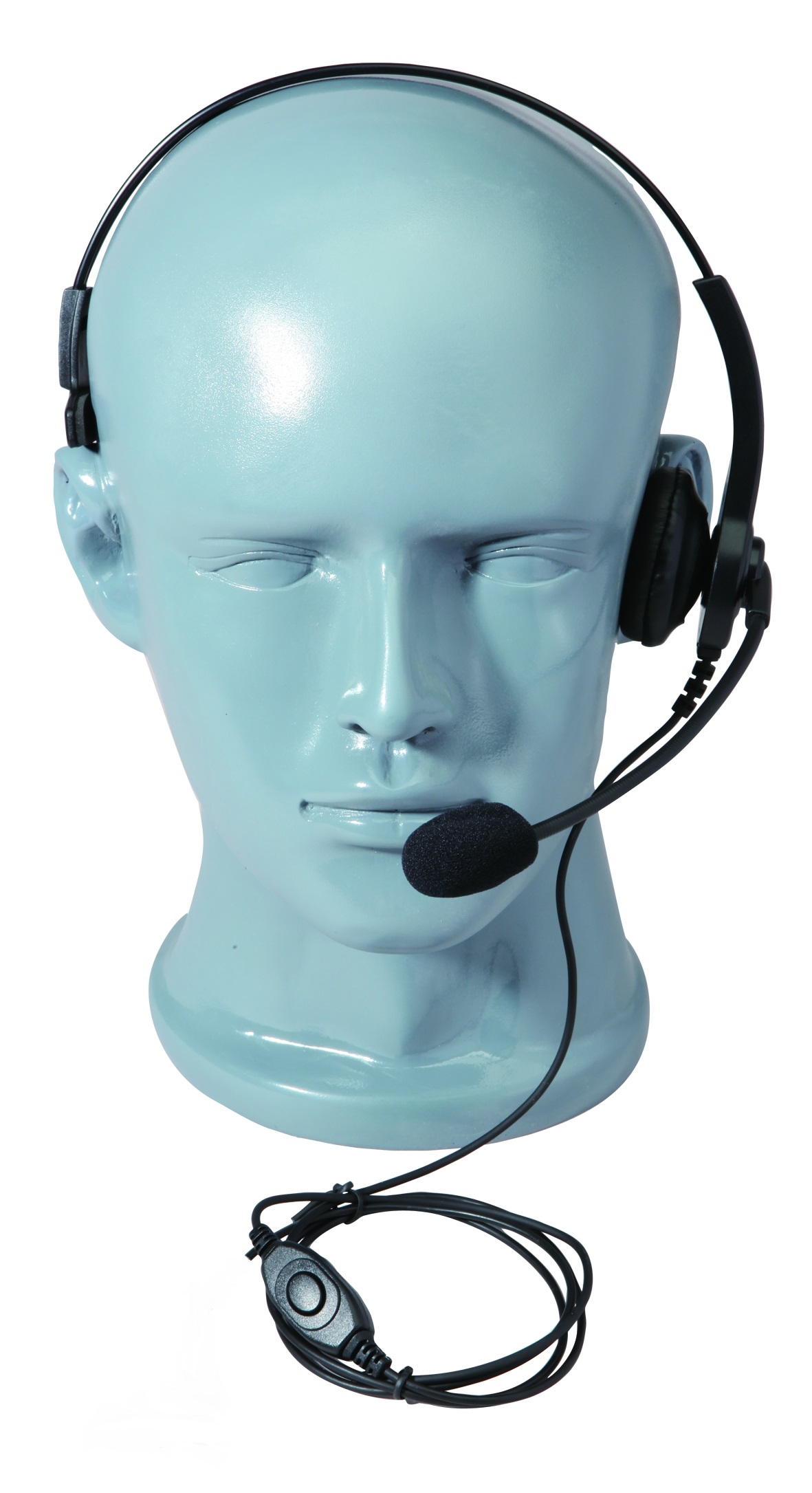 Blauer Kopf mit Headset und Mikrofon vor weißem Hintergrund.