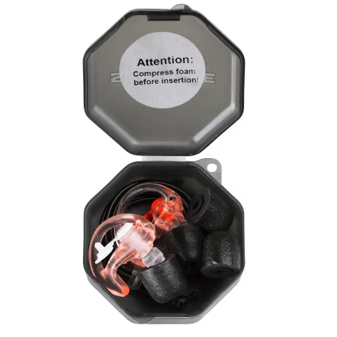 Gray box with earplugs and note: Compress foam before insertion.