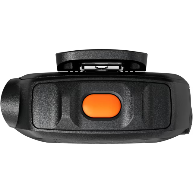 Black device with orange button, side top view.