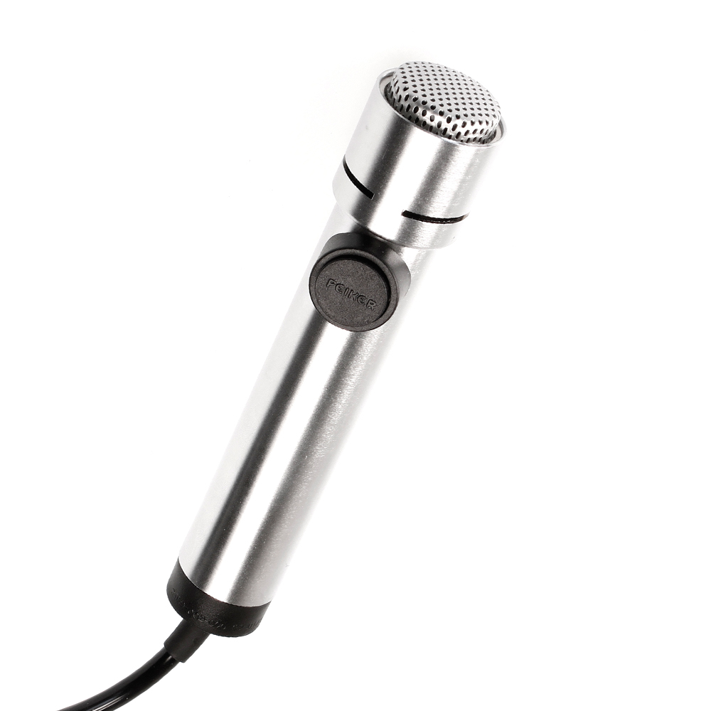 Silver microphone with cable, oriented vertically.