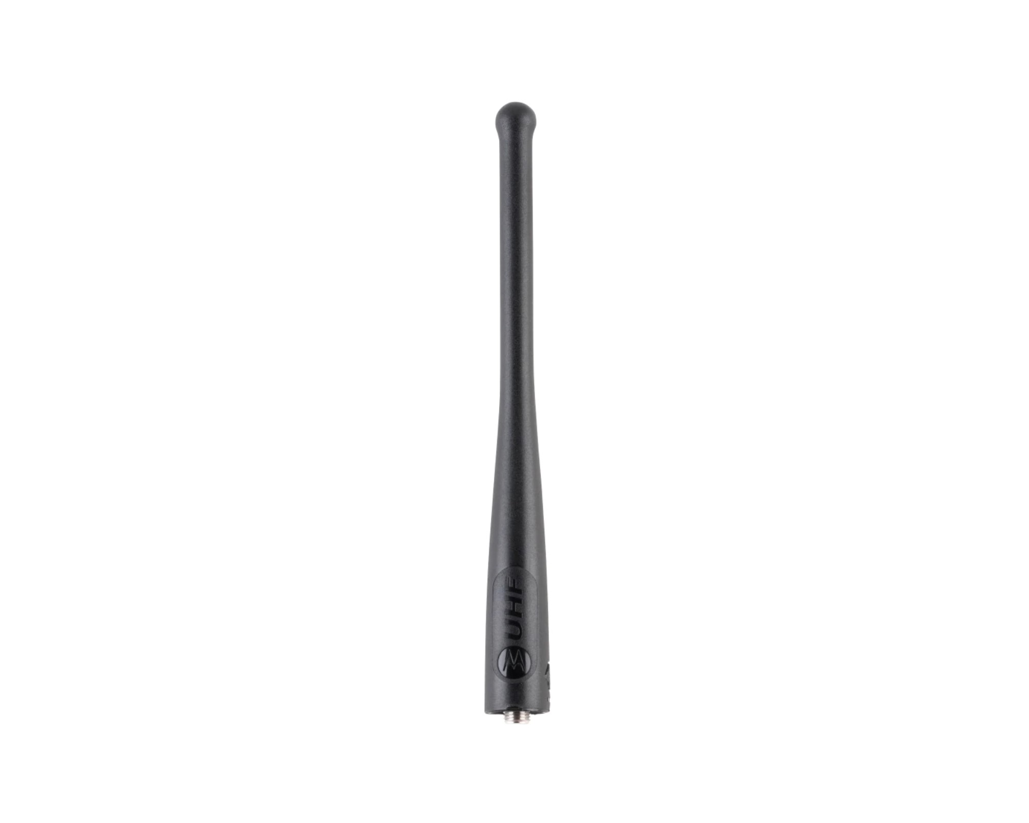 Schwarze UHF-Antenne mit Metallgewinde am unteren Ende.