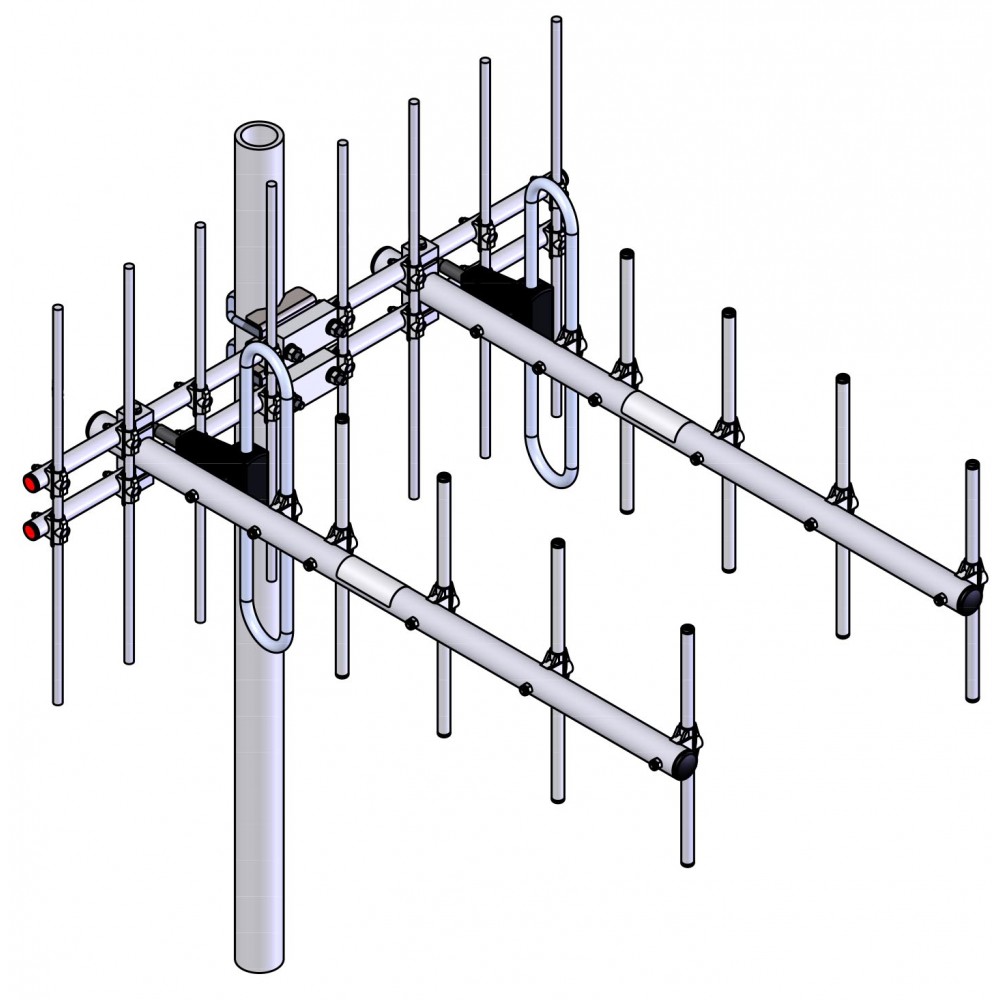 Diagramm eines doppelten Yagi-Antennenarrays mit mehreren Elementen und einem Trägerrohr.