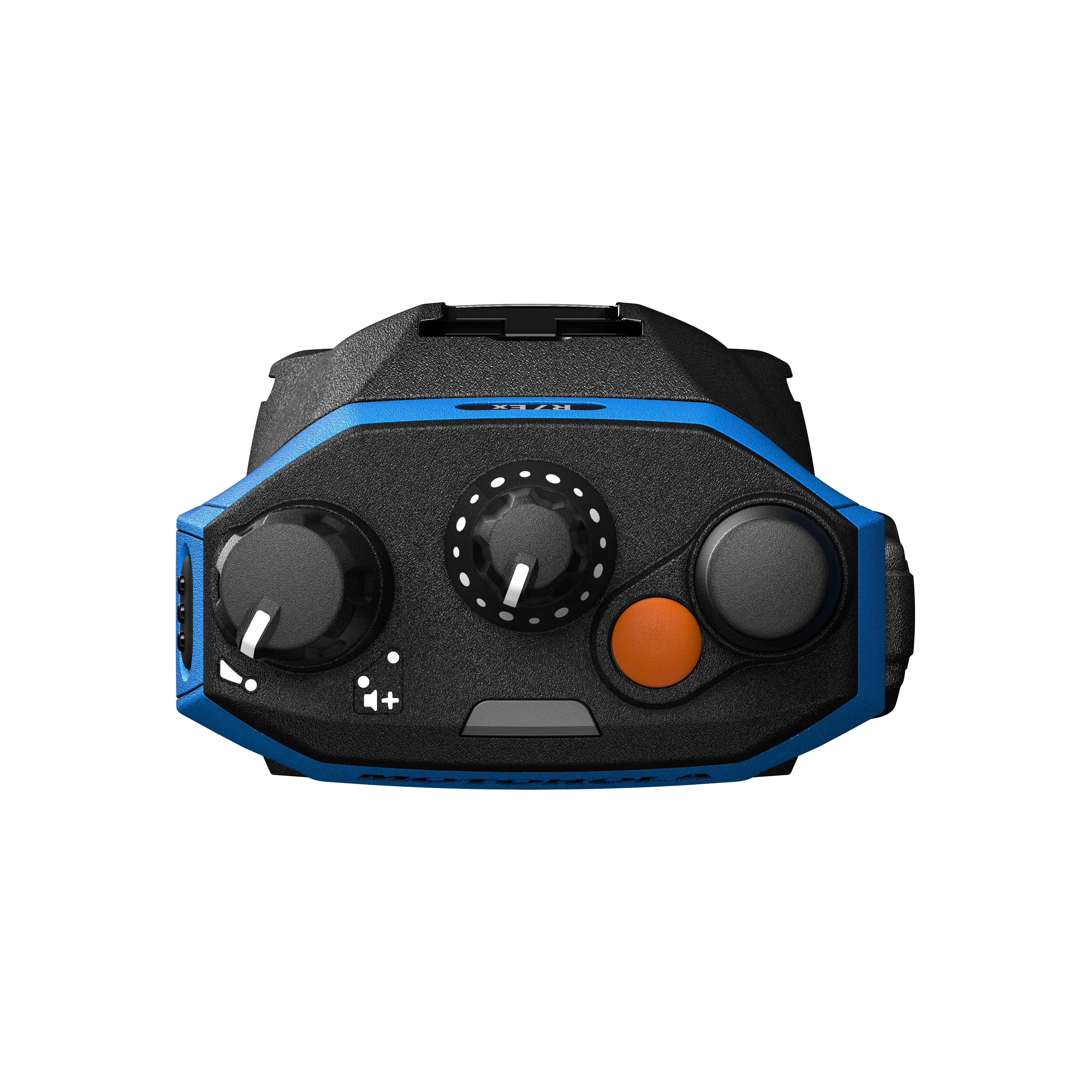 Black device with two dials, blue border, left and right knobs: black, orange.