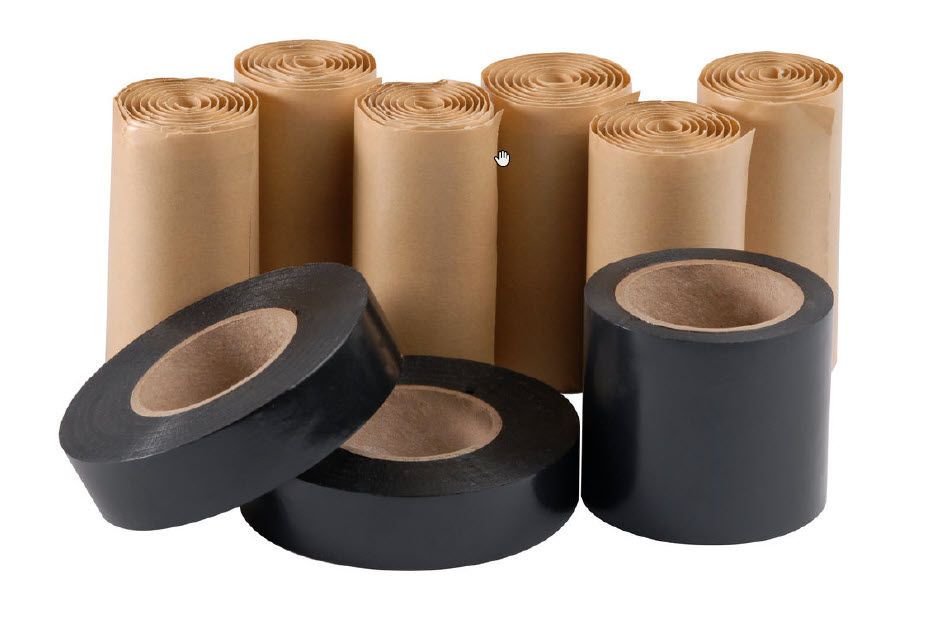 Eight brown paper rolls and three black plastic rolls side by side.