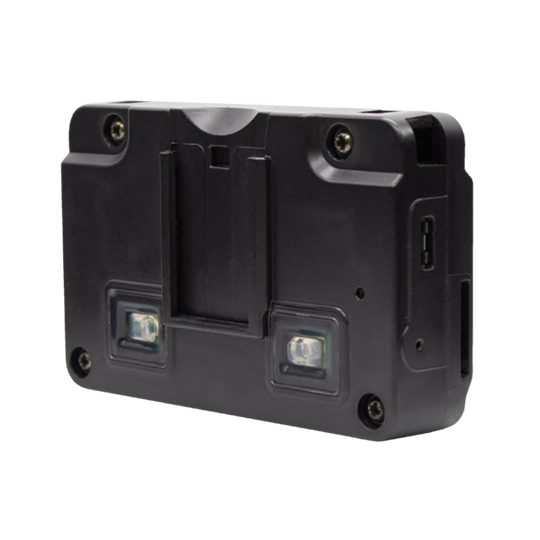 Black electronic device with two lenses and a USB port.