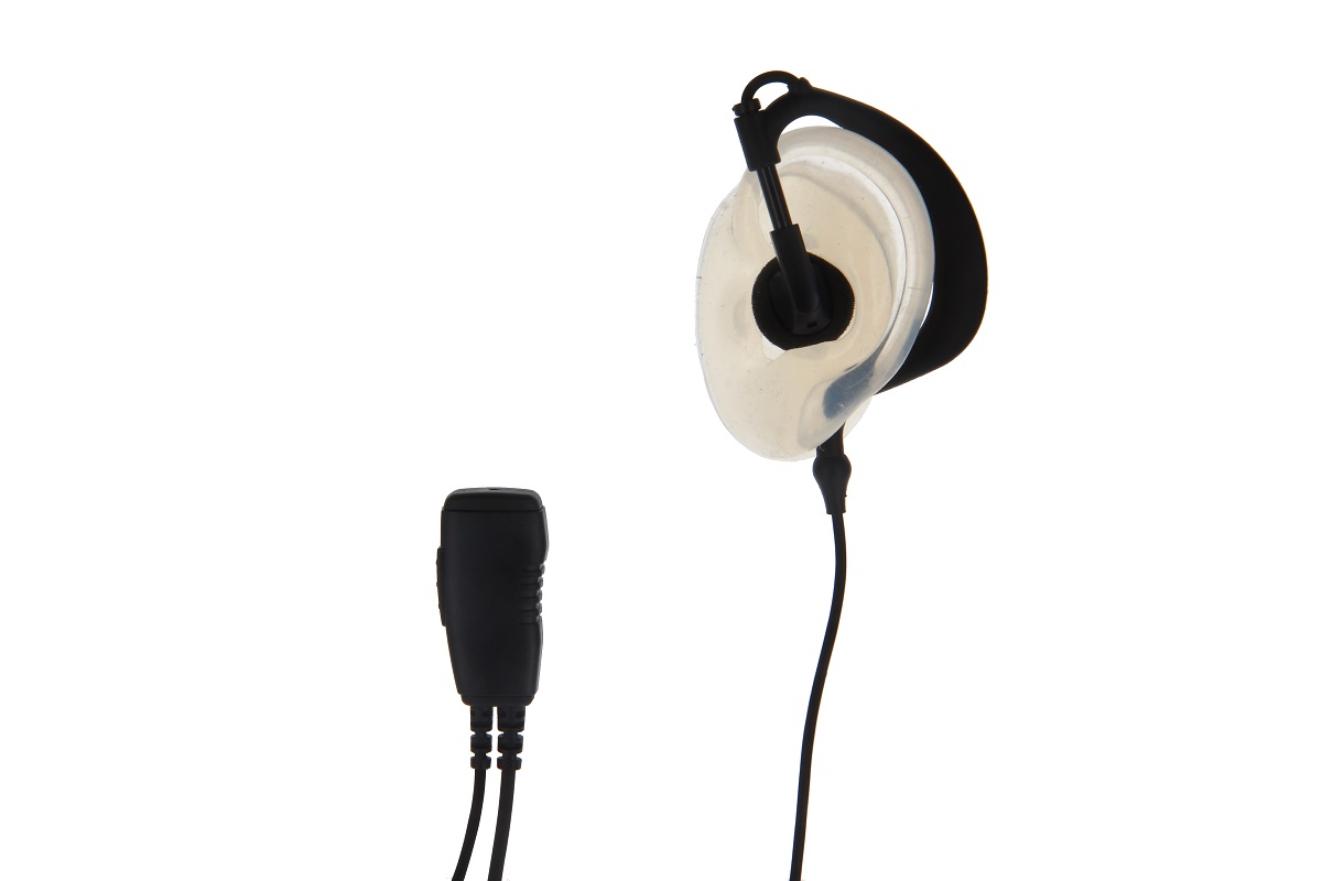 Wireless earpiece with transparent ear tip and black clip, connected by a cable.