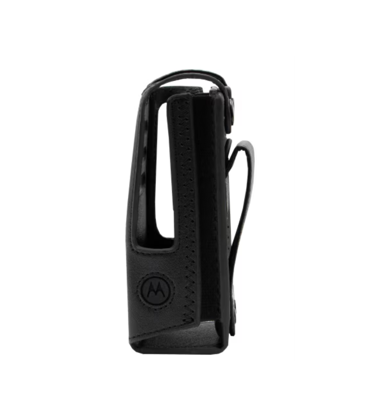 Schwarzes Lederholster für tragbares Funkgerät, seitlich.