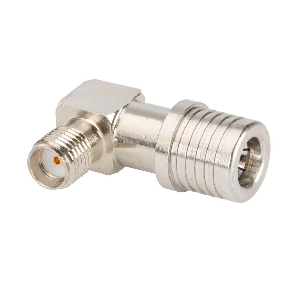 Metal antenna adapter with 90-degree angle and threaded ends.