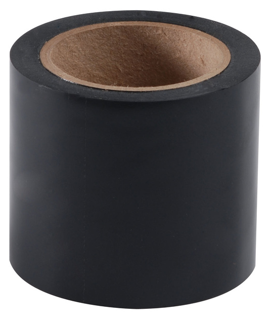 Roll of black tape, cylindrical shape, central cardboard core.