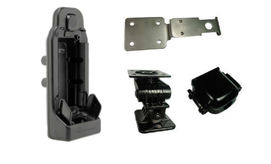 Schwarze Halterung mit Montagezubehör, darunter Halter und Klammer.