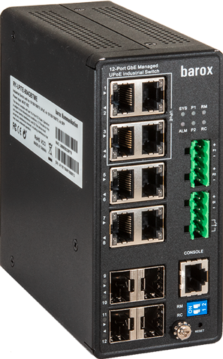 Industrial switch with 12 ports, 8 RJ-45 and 4 fiber optic ports, green LED indicators on the right.