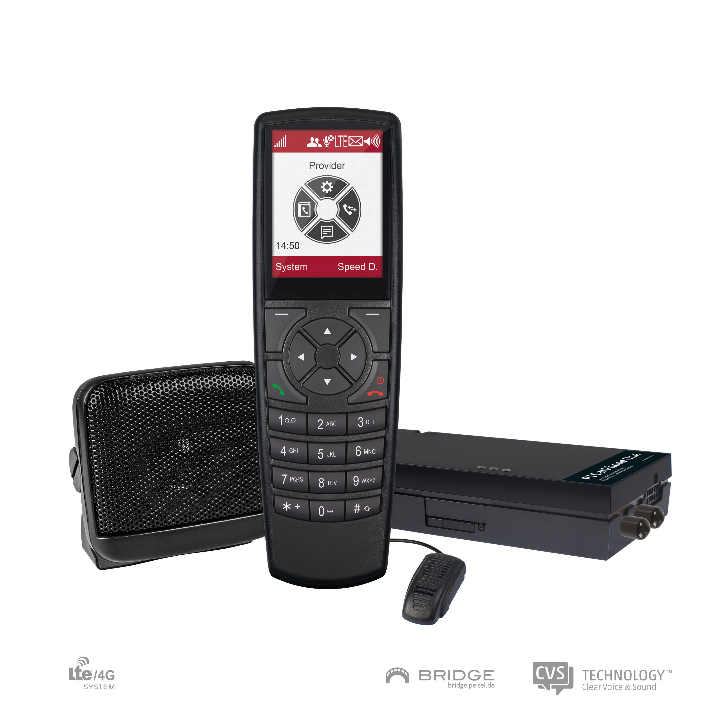 Handheld radio, speaker, and base station with controls and display.