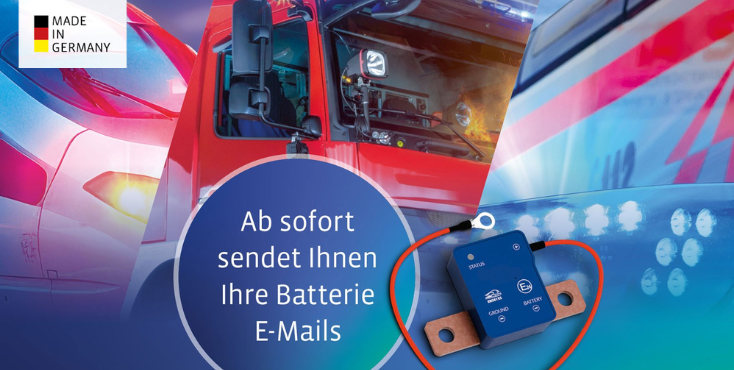 Feuerwehrautos, Elektronikgerät, MADE IN GERMANY Logo, Text: Ab sofort sendet Ihnen Ihre Batterie E-Mails.