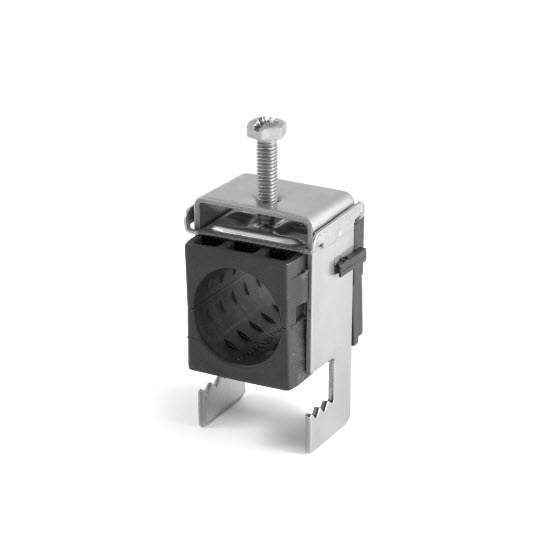 7000_00754211_FIM_01.jpg Metal clamp with screw, used for securing pipes.
