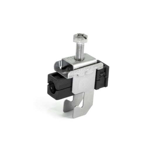 Metallklemme mit Schraube und schwarzer Kunststoffkomponente