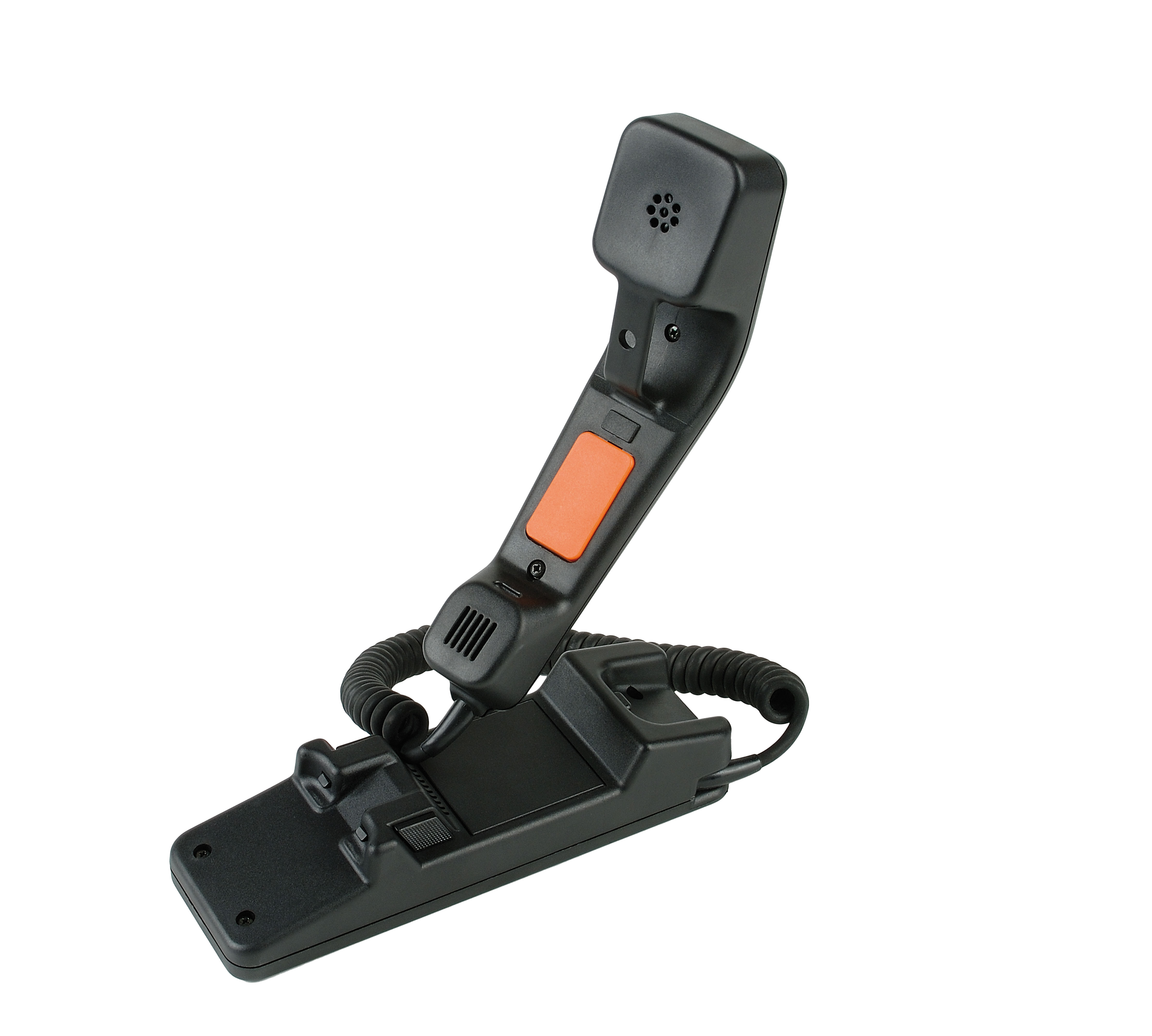Schwarzes Telefon mit oranger Taste auf Hörer, abgelegt auf Basis.