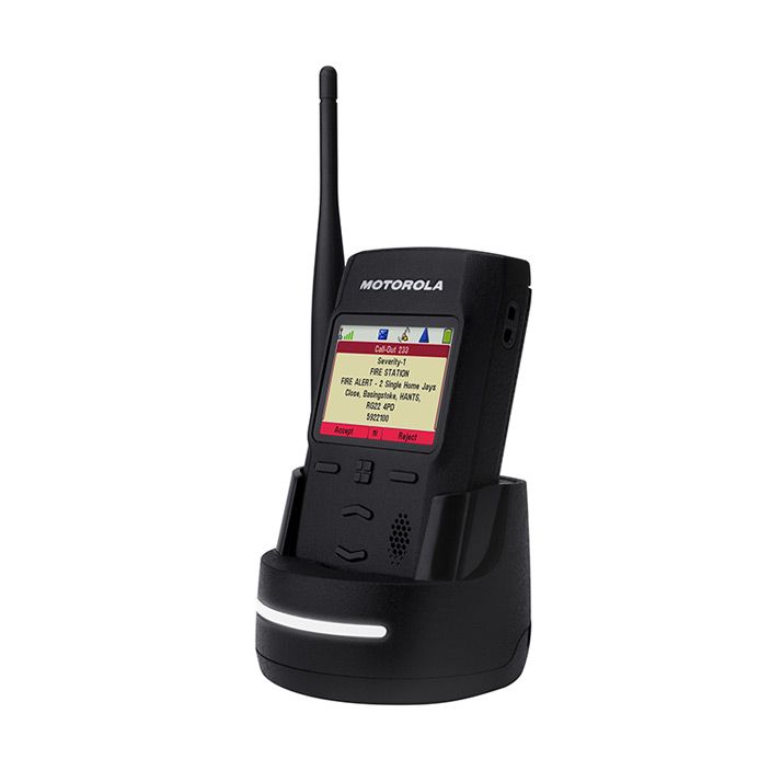 Black handheld radio in charging dock with antenna and screen.