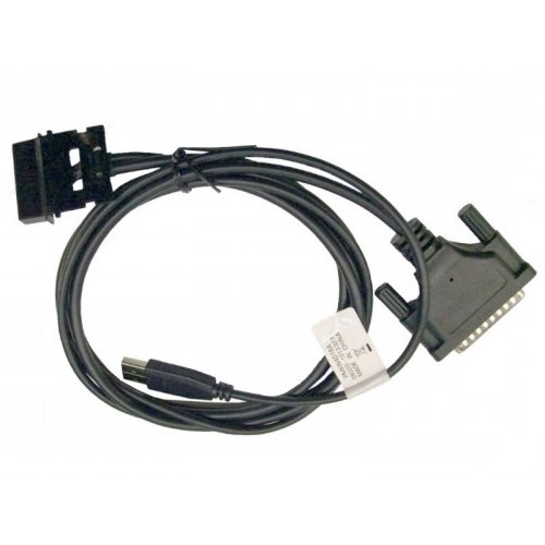 Schwarz-graues Datenkabel mit rechteckigem und DIN-Stecker verbunden.