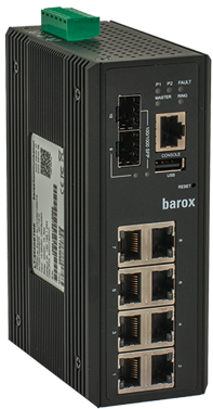 Industrial Ethernet switch with 8 RJ45 ports and two fiber optic ports.