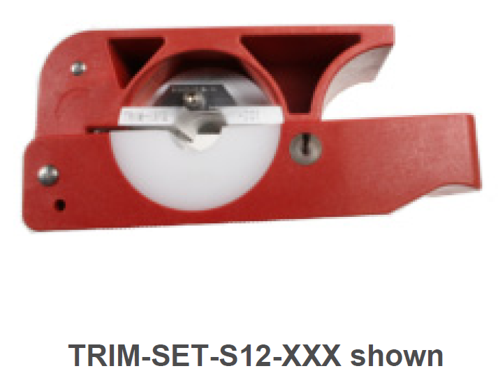 Rotes Gerät mit rundem weißen Element. Beschriftung: TRIM‐SET‐S12‐XXX.