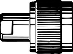 Schwarz-weißes technisches Bauteil, rechteckige und runde Formen.