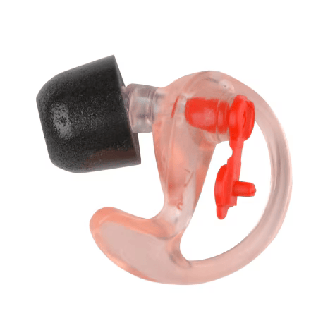 Transparent ear plug with black tip and red damping filter.