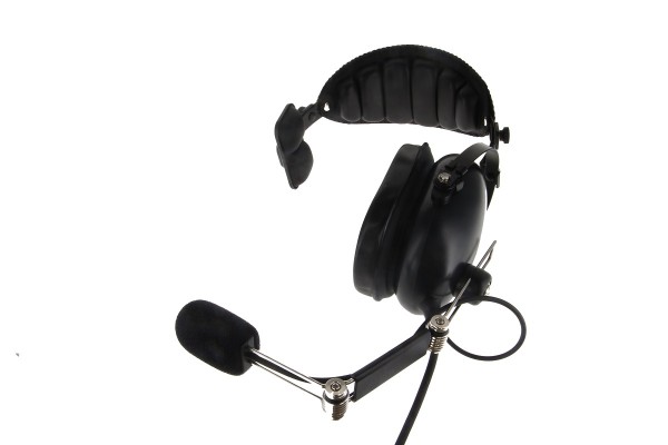 Schwarzes Headset mit Mikrofonarm und gepolstertem Bügel.