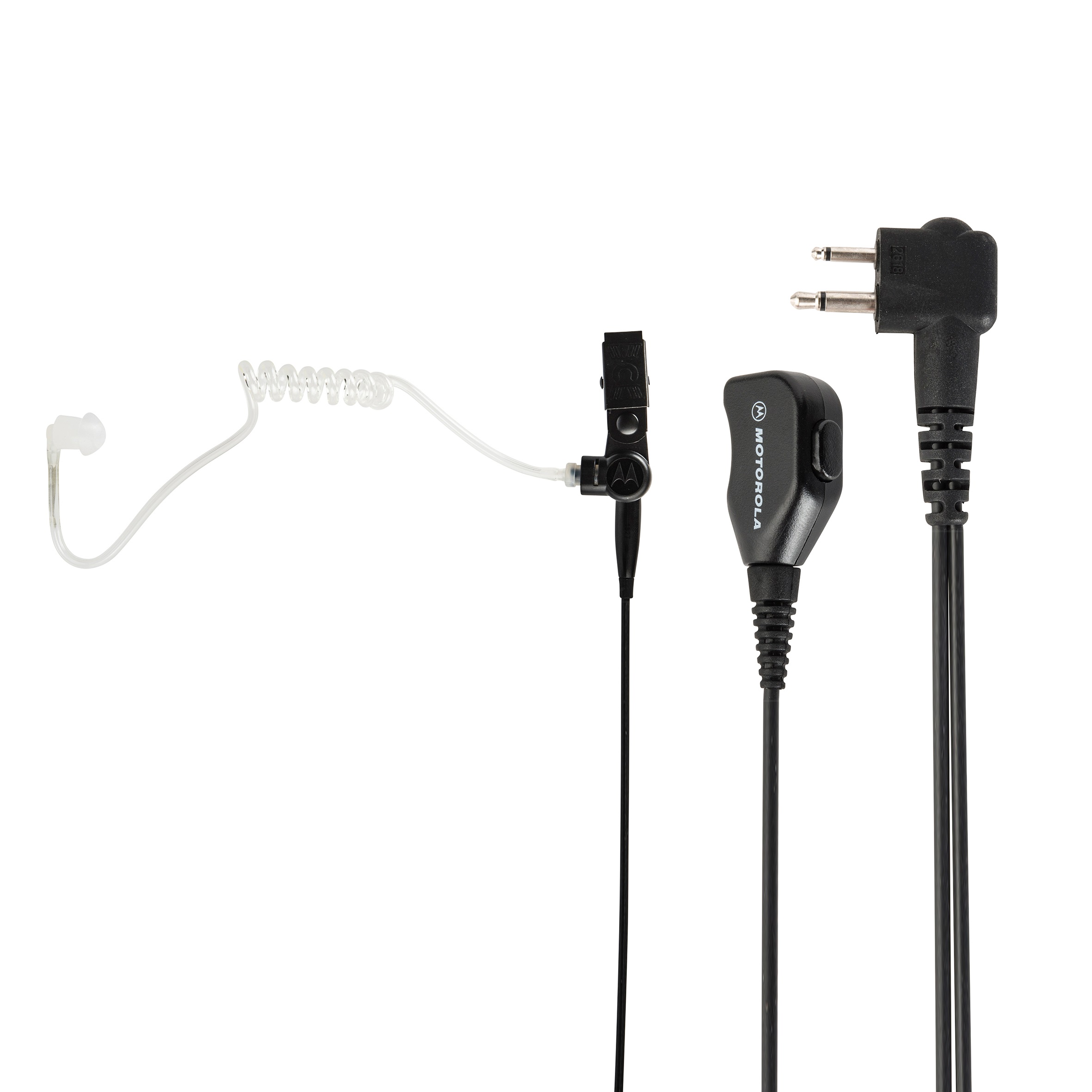 Schwarzes Kommunikationsheadset mit transparenter Akustikröhre und Stecker.