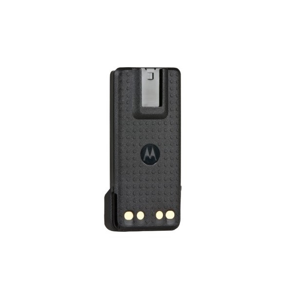 7000-00423800_mot_01.jpg Schwarze Akkubatterie mit Metallkontakten und Logo in der Mitte.