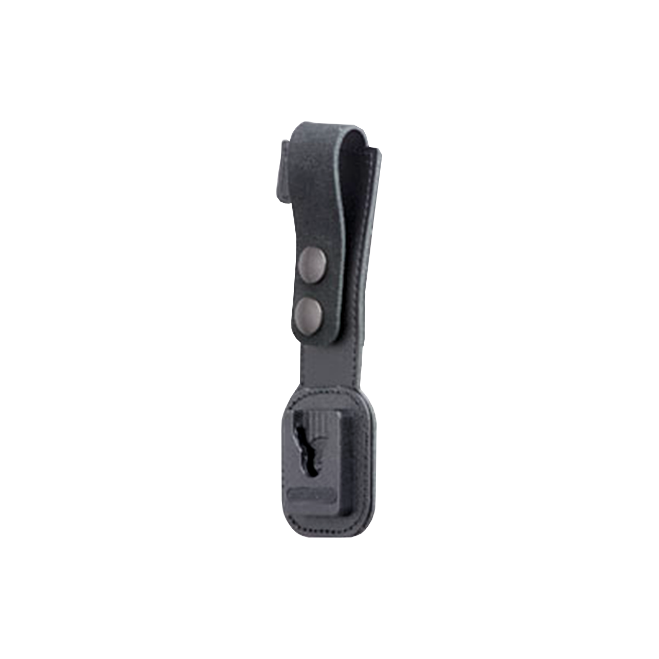 Black leather strap with snap buttons and clip holder.