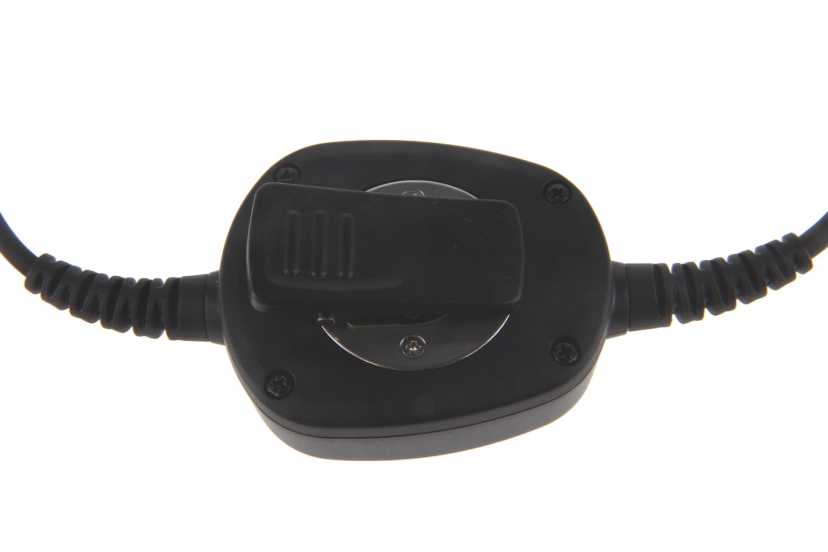 Black button on oval plastic base with cable connectors on both sides.