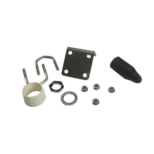 Various metal and plastic parts on a white background.