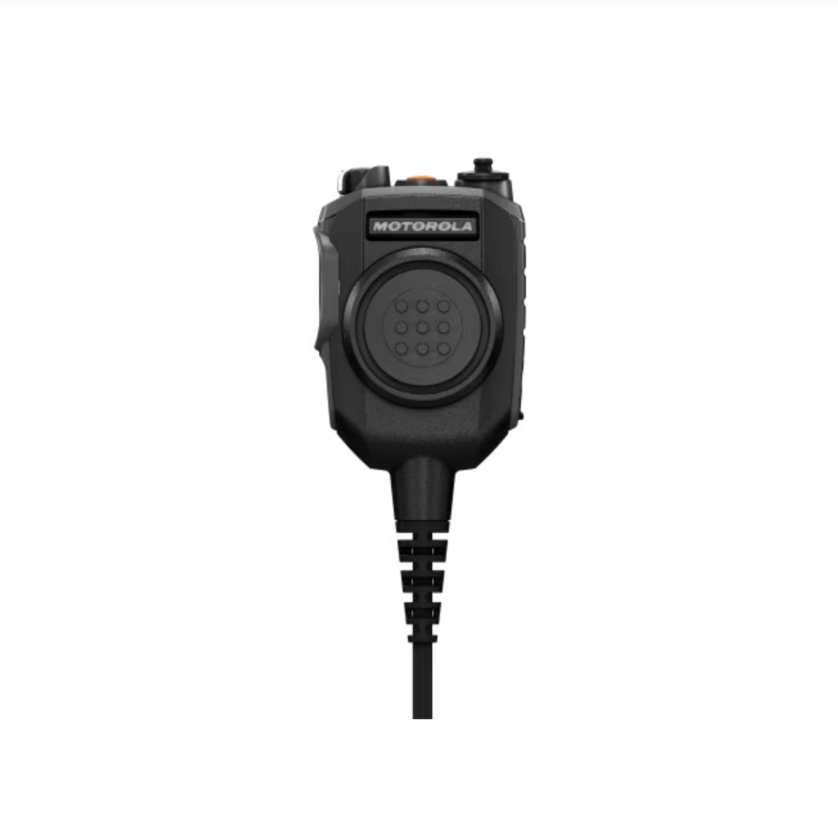 Schwarzes Handmikrofon mit Kabel der Marke Motorola.
