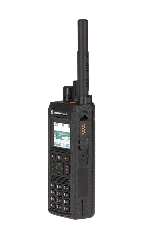 Funkgerät mit Display und Tastatur, antenne nach oben.