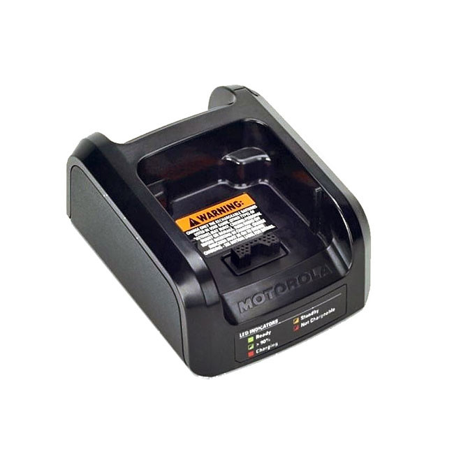 Black charger with LED indicators, warning label on surface.