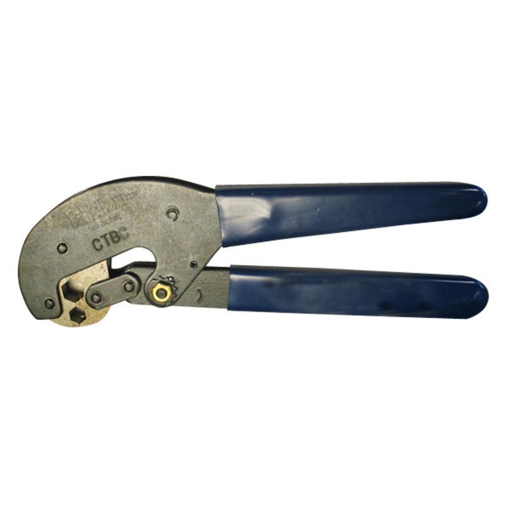 Crimpzange mit blauen Griffen zur Kabelverarbeitung.