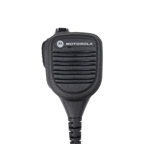 Schwarzes Mikrofon mit Kabel und Motorola-Logo, geeignet für Funkgeräte.