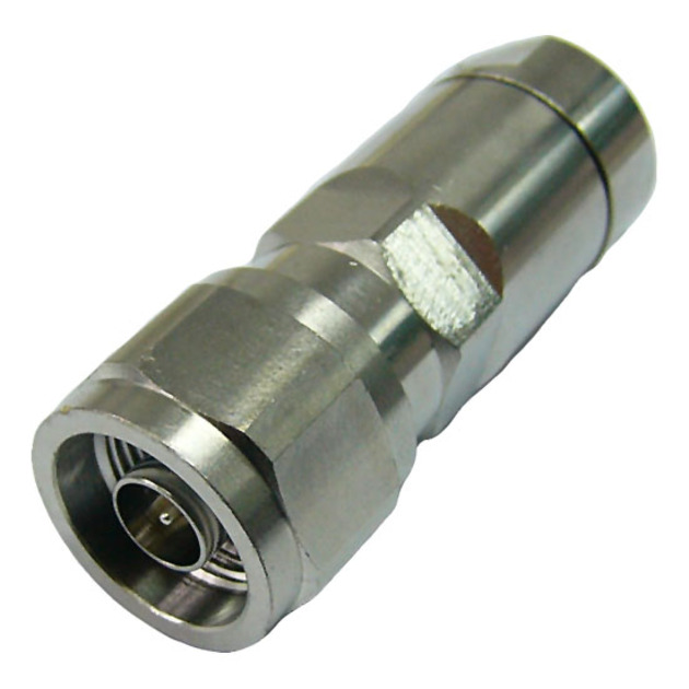 Metal connector, cylindrical, with thread and protruding central pin.